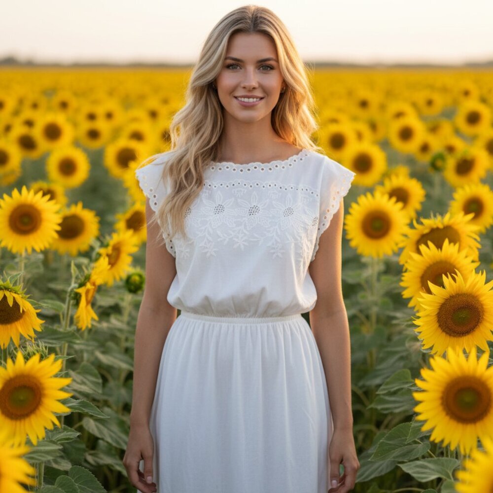 & Other Stories Paris Atelier Womens White Midi Dress Size 4 Eyelet Sunflower